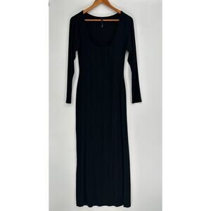 SKIMS Soft Lounge Long Sleeve Maxi Bodycon Slip Dress Womens Large Black Ribbed